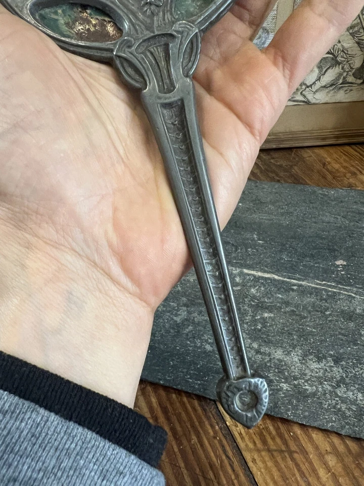 Miroir Face a Main Art Nouveau Visage Femme Etain Georges De Feure - Photo 4/4