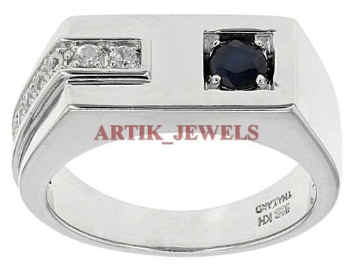 Bague Saphir Chauffé Bleu Argent 925 – Taille 4 à 16, Pierres Zircones, Fait Main