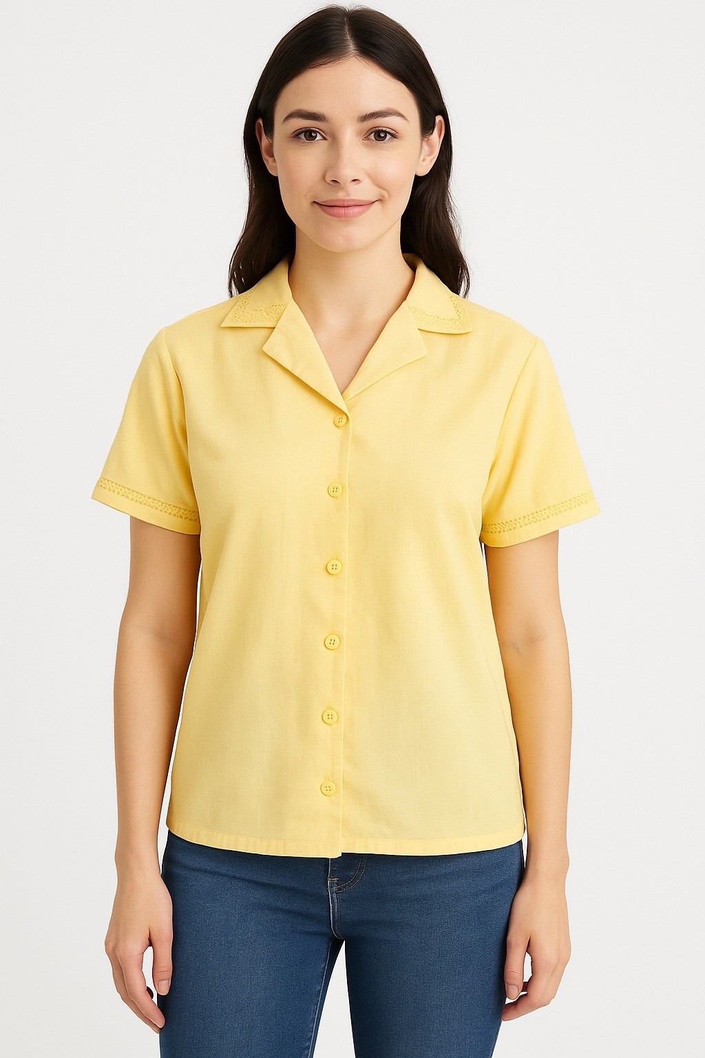 Rebecca Malone Women Shirt Small Yellow Linen Blend ButtonUp Short Sleeve Casual