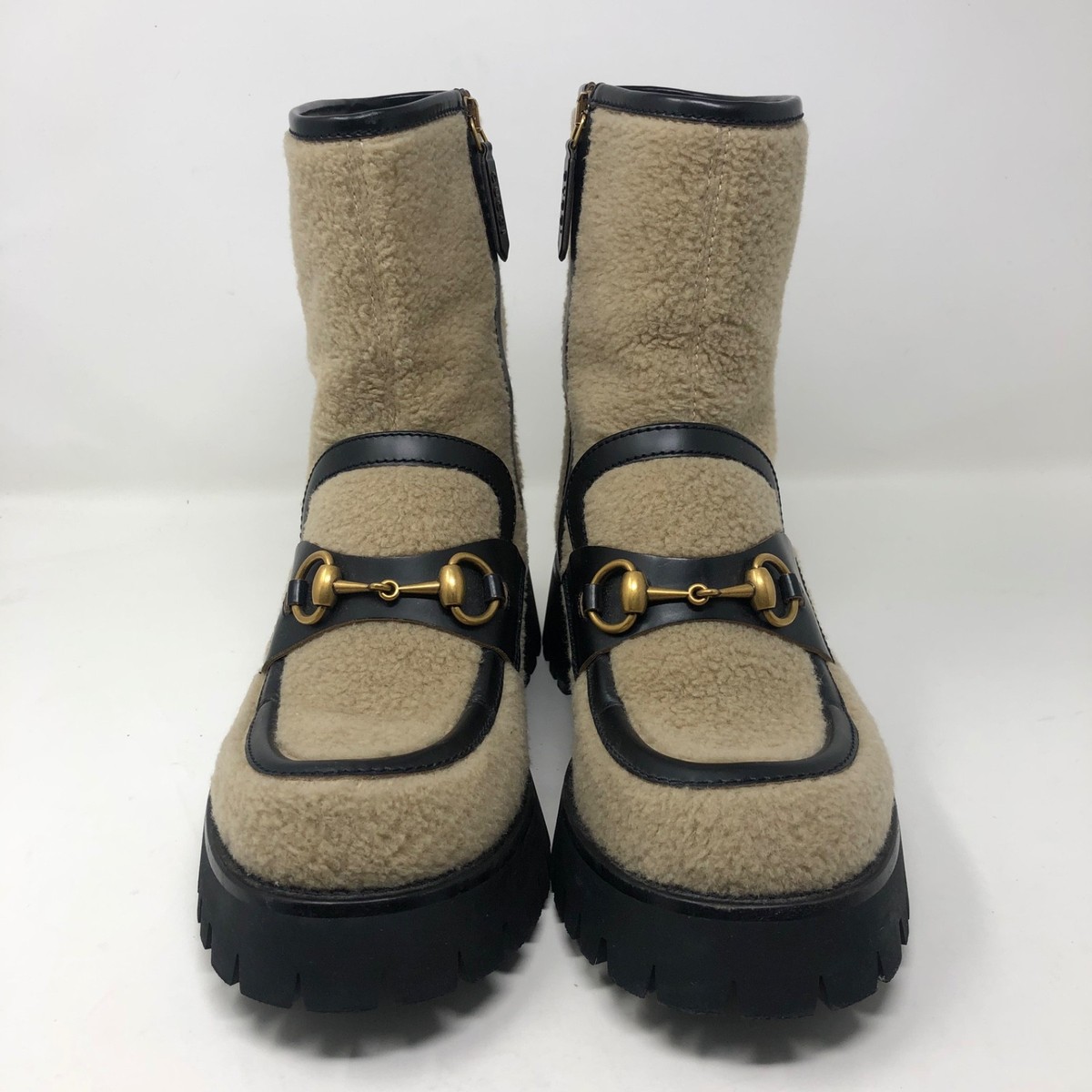 Gucci Ankle Shearling Combat Boot Horsebit Womens 37.5 US 7.5