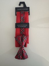 Tommy Hilfiger Boys Plaid Bow Tie And Red Pocket Square