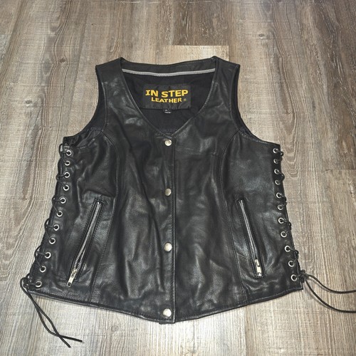 Vintage In Step Leather Biker Vest Side Lace Made in USA Size M