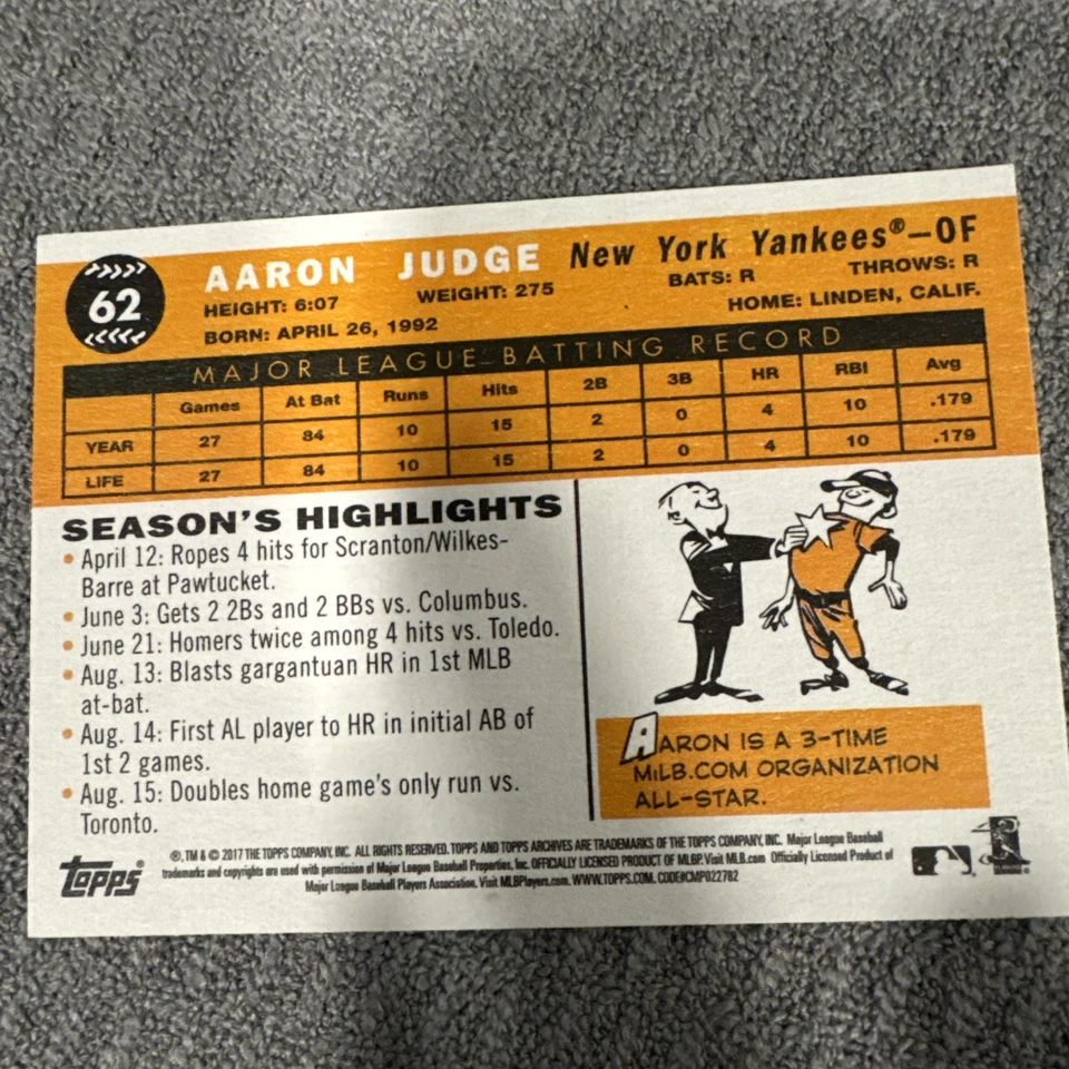 2017 Topps Archives - 1960 Aaron Judge #62 Peach /199 (RC) - Image 2 of 2