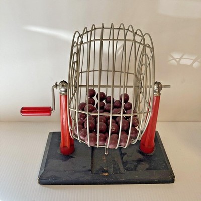 Vintage Bakelite Catalin Bingo Ball Case / Cage with Wood Base F4-105