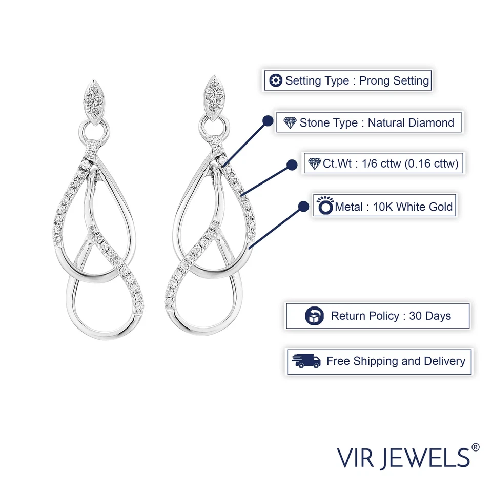 1/6 ct Diamond Double Drop Earrings for Women 10K White Gold Round Prong 1 Inch - Image 2 of 4