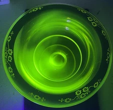 Antique Uranium Vaseline glass enamel flower 8" footed bowl compote
