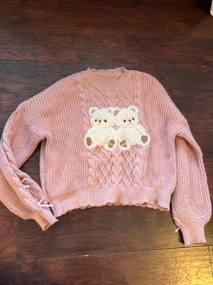 L Pink Teddy Bear Cable Knit Sweater Coquette Kawaii Cute Bow Soft Girl
