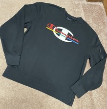 Champion Powerblend Women  s Sweatshirt Med Graphic Script Logo Black Crewneck