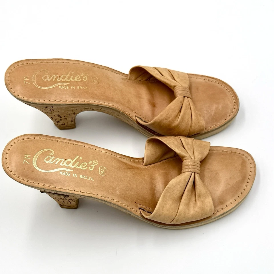 Vintage Candie’s Natural Demi Leather Bow Cork Heel Slide Women’s 7M Classic 80s - Image 4 of 4
