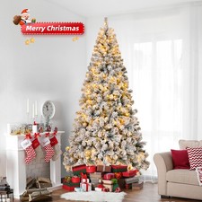 6Ft /8Ft Christmas Tree Luxury Bushy Flocking Xmas Tree 8 Modes LED Light Green
