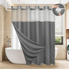 No Hook Shower Curtain and Snap in Liner Set Grey Tufted Chevron Striped