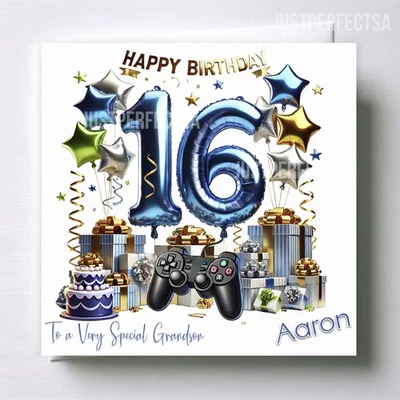 JUST_PERFECTSA Personalised 16th Birthday Card for Boys, Grandson, Son, Brother,Nephew,Gaming