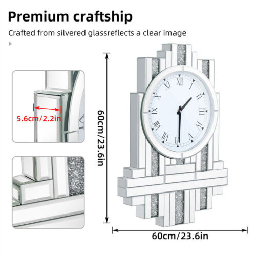 Chic Crystal Crush Diamond Wall Clock Silver Beveled Glass Mirror Quartz Clock - Picture 15 of 19