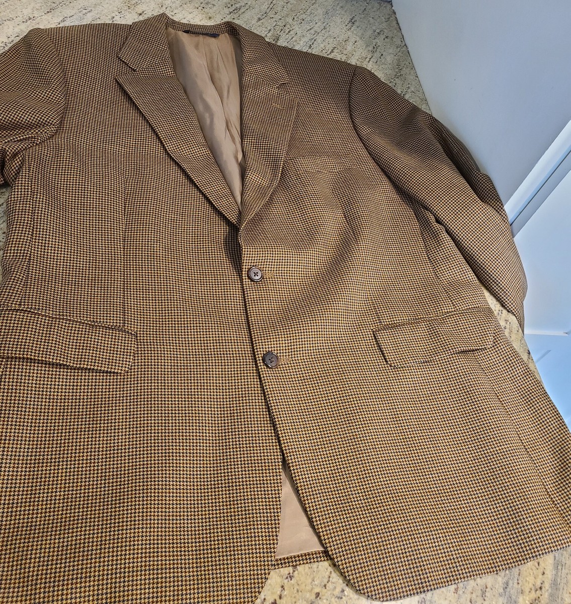 Brooks Brothers Jacket Mens 44R Brown Blue Blazer Houndstooth 100