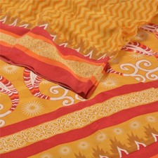 Sanskriti Vintage Mustard-Red Pure Crepe Saree Zig Zag Print Sari 5.5 Yd Fabric
