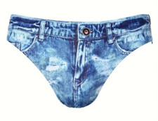 Distressed Denim Blue Jeans Print Men's Swim Briefs. Size Large 34"-36"
