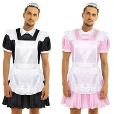 Sissy Men French Maid Uniform Outfit Set Satin Dress Fancy Cosplay Party Costume