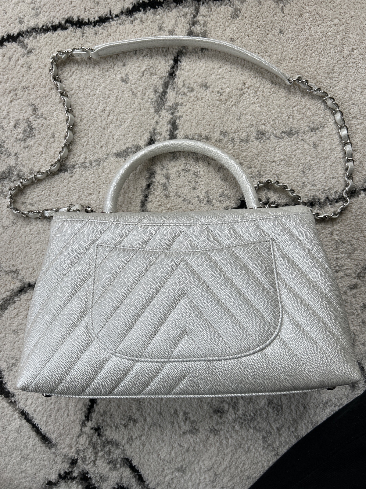 Genuine Coco Chanel Handle Bag In White Iridescent Caviar Leather image 5