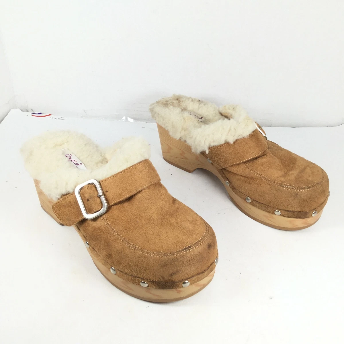 Qupid Women s Faux Fur Buckle Detail Platform Clogs Brown White Size 6