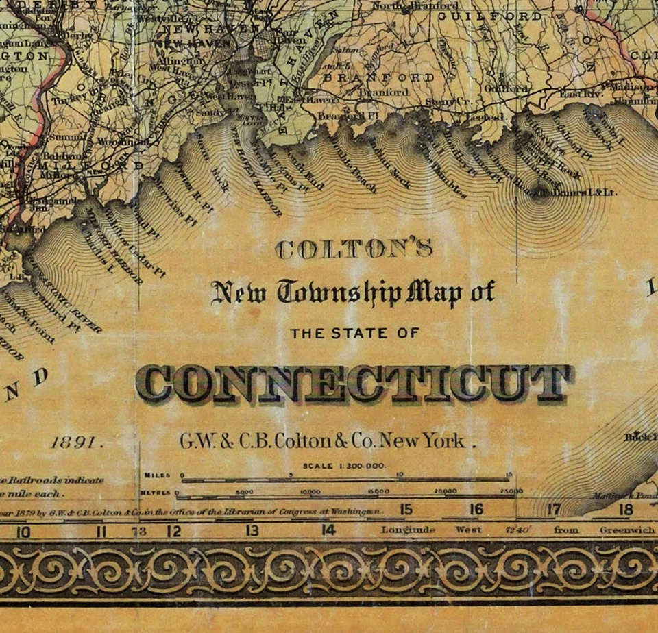 1891 Colton Rollup Map of Connecticut County Townships New Haven Hartford Mystic - Imagem 2 de 4