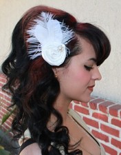 Fascinator feather clip White Rosette Flower Festher bridal photo prop headdress