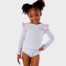 RuffleButts Baby Girls' Seersucker Long Sleeve 2pc Rash Guard Set - Blue