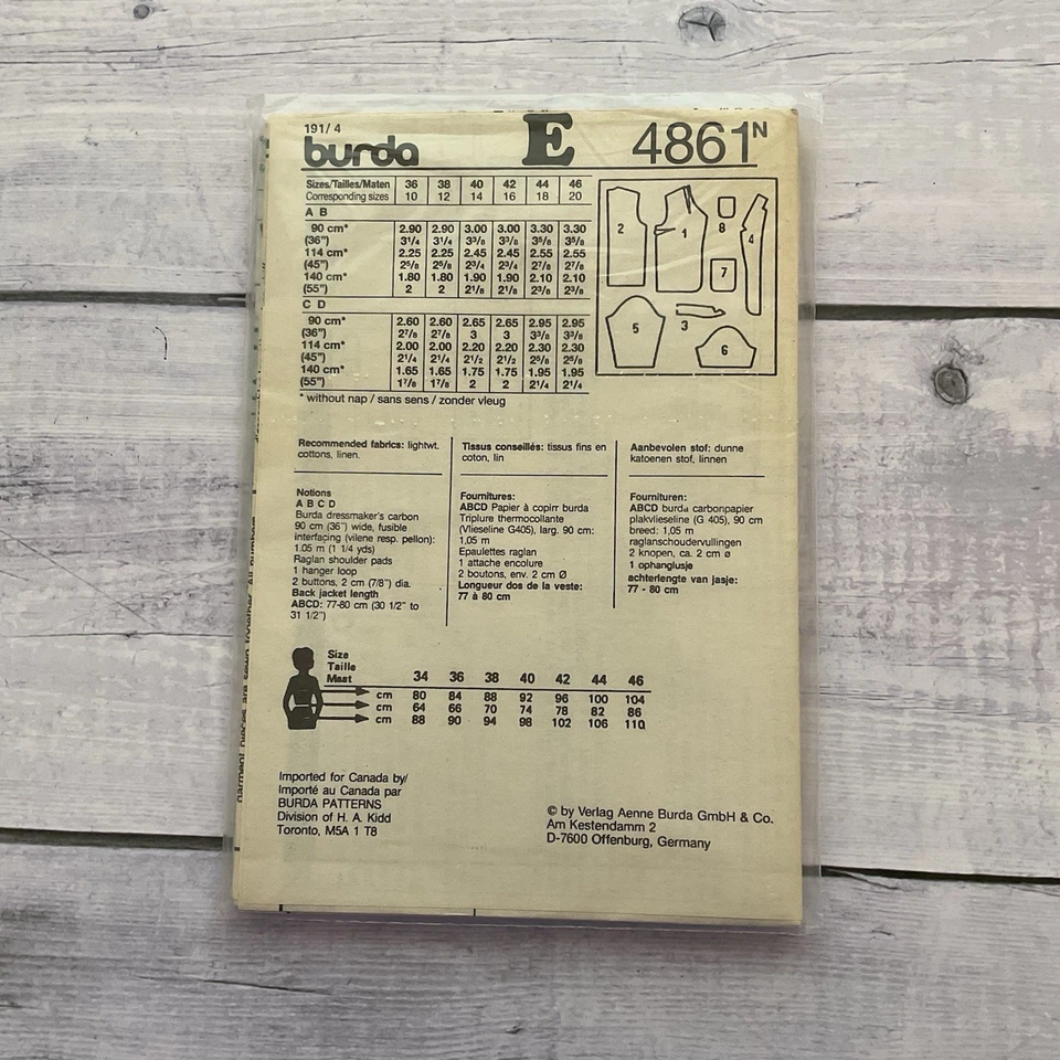 Burda 4861 Sewing Pattern Jacket Blazer Long Short Sleeve Miss Size 10-20 UNCUT - Image 2 of 2