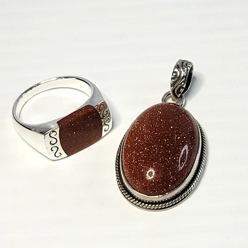 Vtg Goldstone Pendant & Ring in 925 Sterling Silver Size 8 Southwestern Design