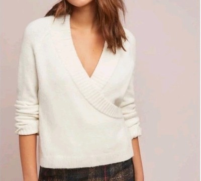 Anthropologie Ett TWA Tessa Faux-Wrap Sweater Sz XSMALL Alpaca Merino Wool Cream