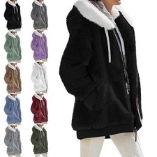 Women Warm Jacket Long Sleeve Zipper Pocket Hooded Warm Coat Loose Plush