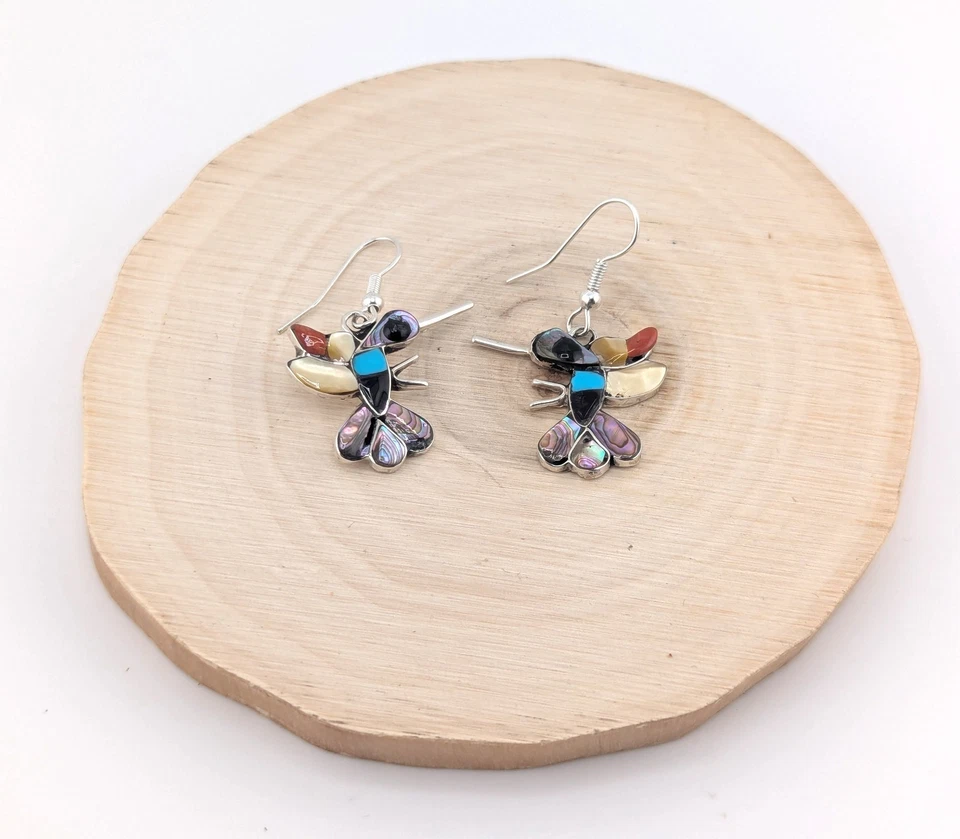 Zuni Sterling Silver Hummingbird Inlay Multi Stone Dangle Earrings Jewelry - Image 4 of 4