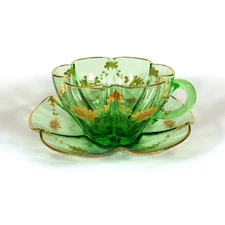 MOSER BOHEMIAN ART GLASS CUP AND SAUCER SET GREEN WITH GOLD DECORATION ANTIQUE