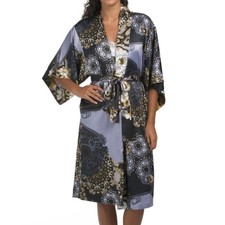 NWT 185 NATORI Imperial Lotus Floral Satin Robe Gray Boho Luxe Holiday Gift XL