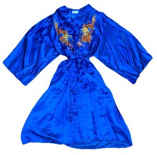 Vintage Blue Silk Embroidery Kimono Jacket Robe Golden Dragon Phoenix - Large