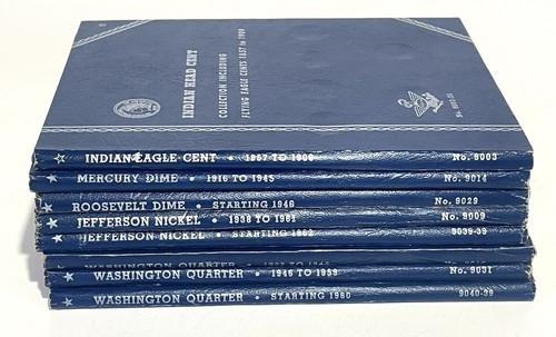Whitman Coin Folders Lot of 8 Mercury Dimes, Indian Head, Jeff Nickels, Quarters