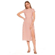 Alexia Admor Women Gingham Pink White Midi Dress XS Flared Hem Cottagecore Retro