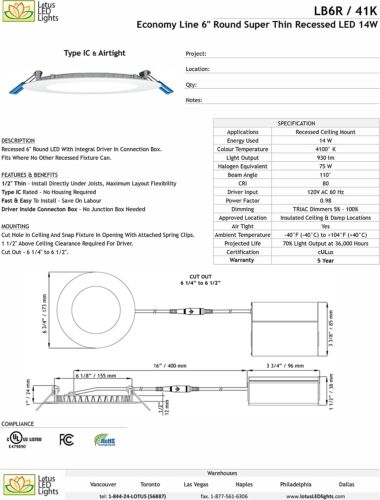 Lotus LED 6" 14W Round Super Thin Recessed Downlight White 4000k 930Lm LB6R/40K - Picture 7 of 7
