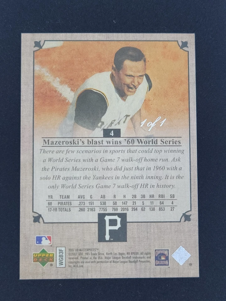 2007 Bill Mazeroski UD Masterpieces Bronze Ore True 1/1 Pittsburgh Pirates - Image 2 of 2