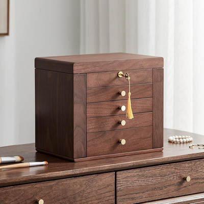 Black Walnut Wooden Jewelry Box, 5 Layer Solid Wood Jewelry Organizer with 2 Sid