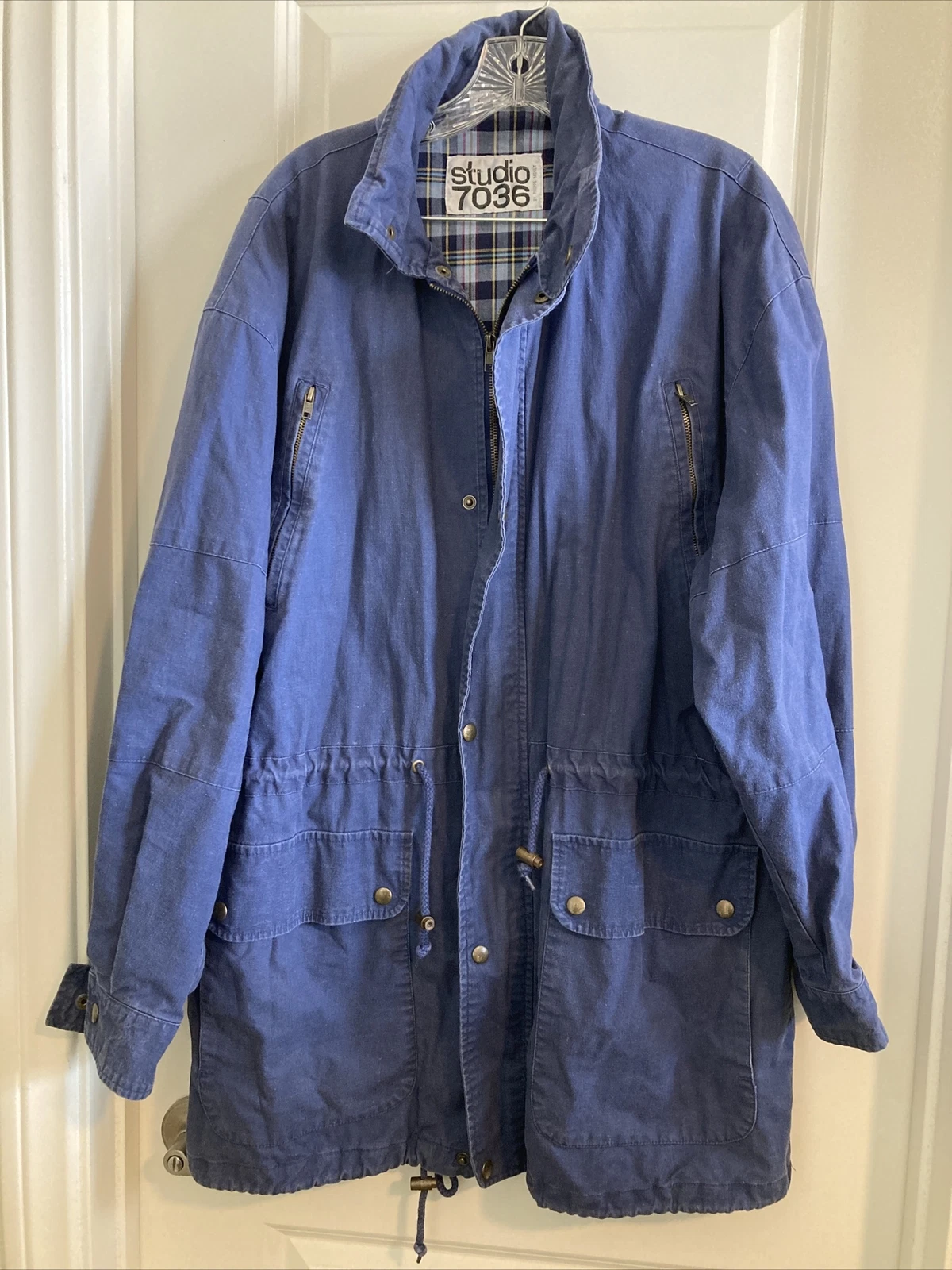 VTG 80s Studio 7036 Philippe Monet Jacket Large Blue Full Zip Hooded Parka Coat