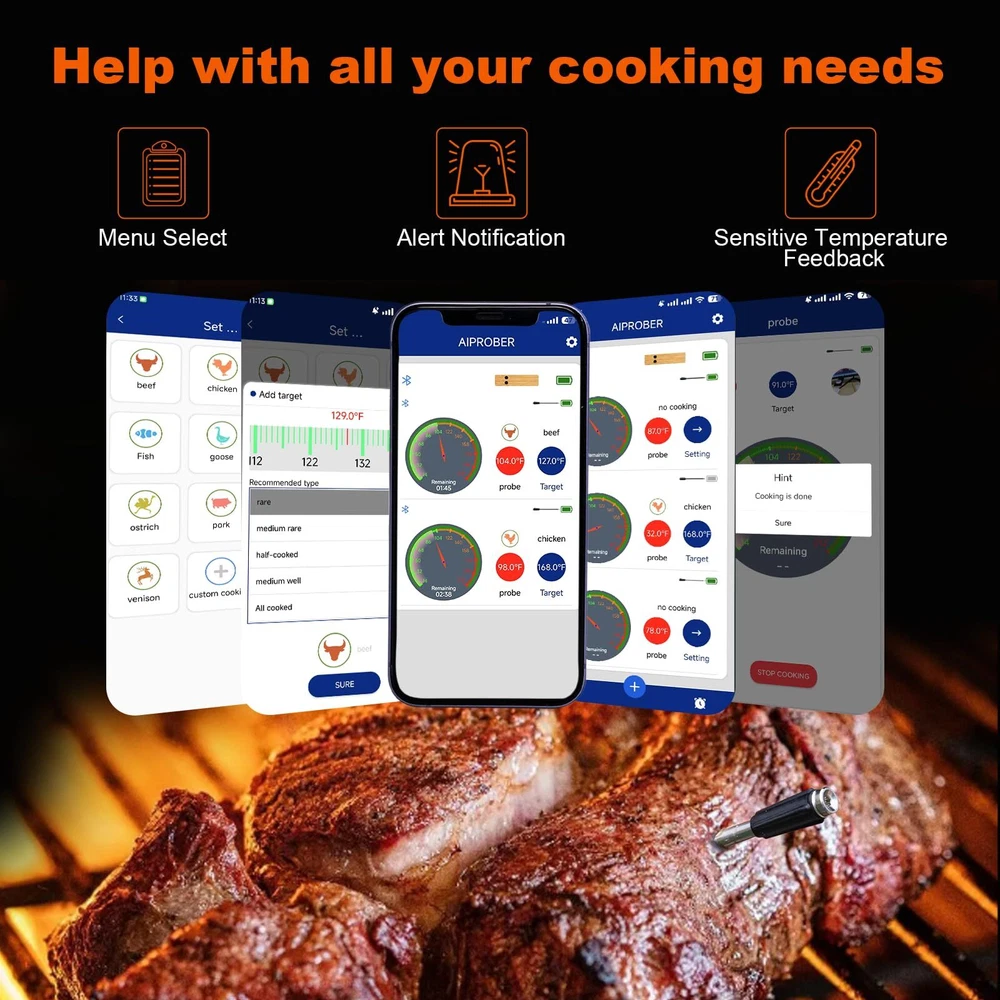 Wireless Meat Thermometer 2 Probes, 500FT Long Wireless Range Thin Probes APP...