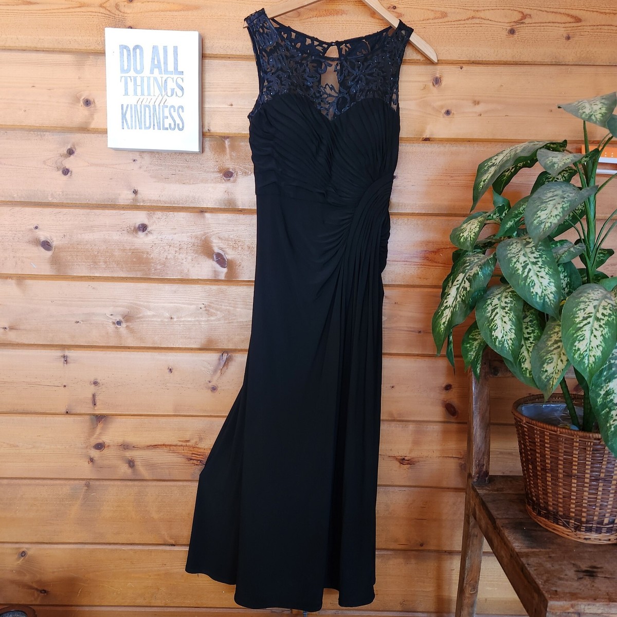 ignite evenings long dresses Ignite Evenings Short Flutter Sleeve V-Neck Sequin Lace Detail Front Slit A-Line Gown