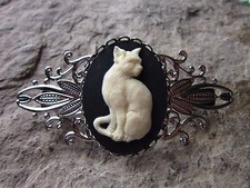 CAT CAMEO SILVER FILIGREE BARRETTE - CAT- KITTY - CREAM ON BLACK