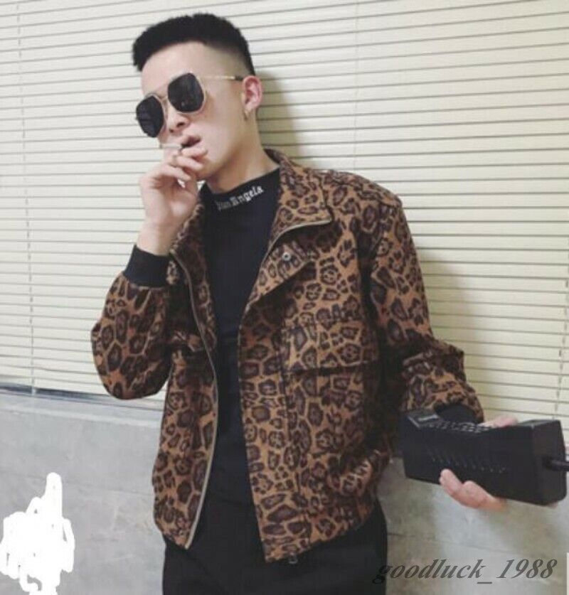 Mens Leopard Print Zipper Casual Jacket Motorcycle Hip-hop Street Fashion  Coats