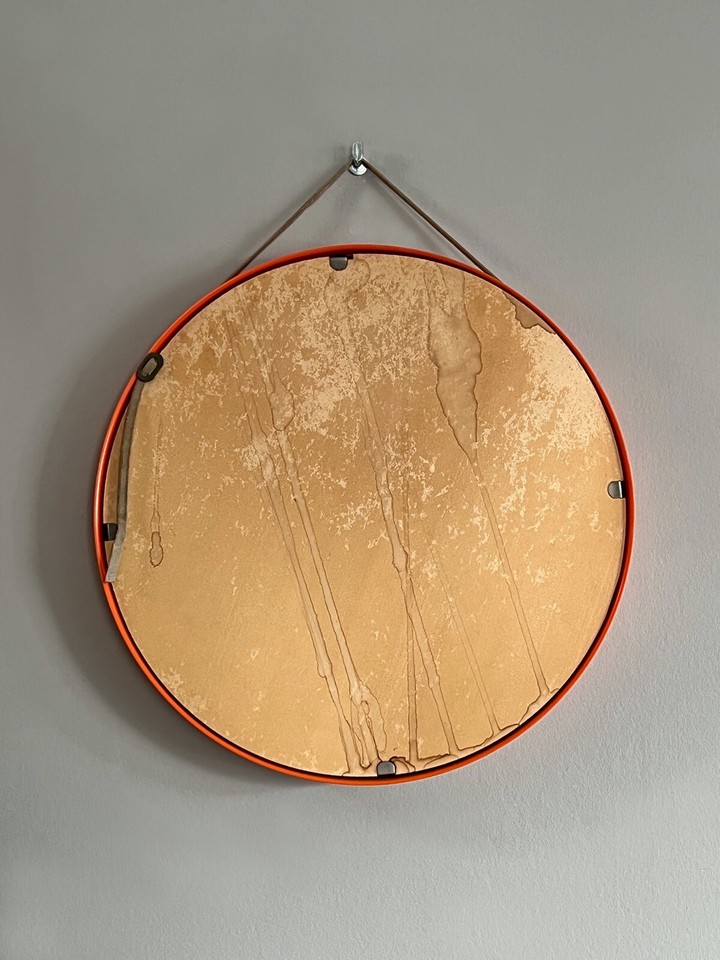 Vintage 70s Wall Mirror Plastic Frame Orange Round Leather Band 70er
