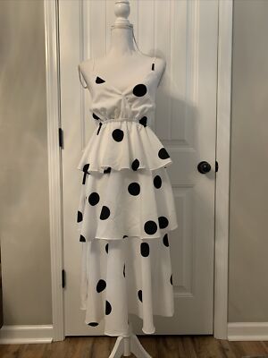 New O.P.T Cava Tiered Black Polka-dot Midi Dress In White Sz S