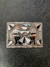 zuni vintage thunderbird sterling Native American inlay belt buckle