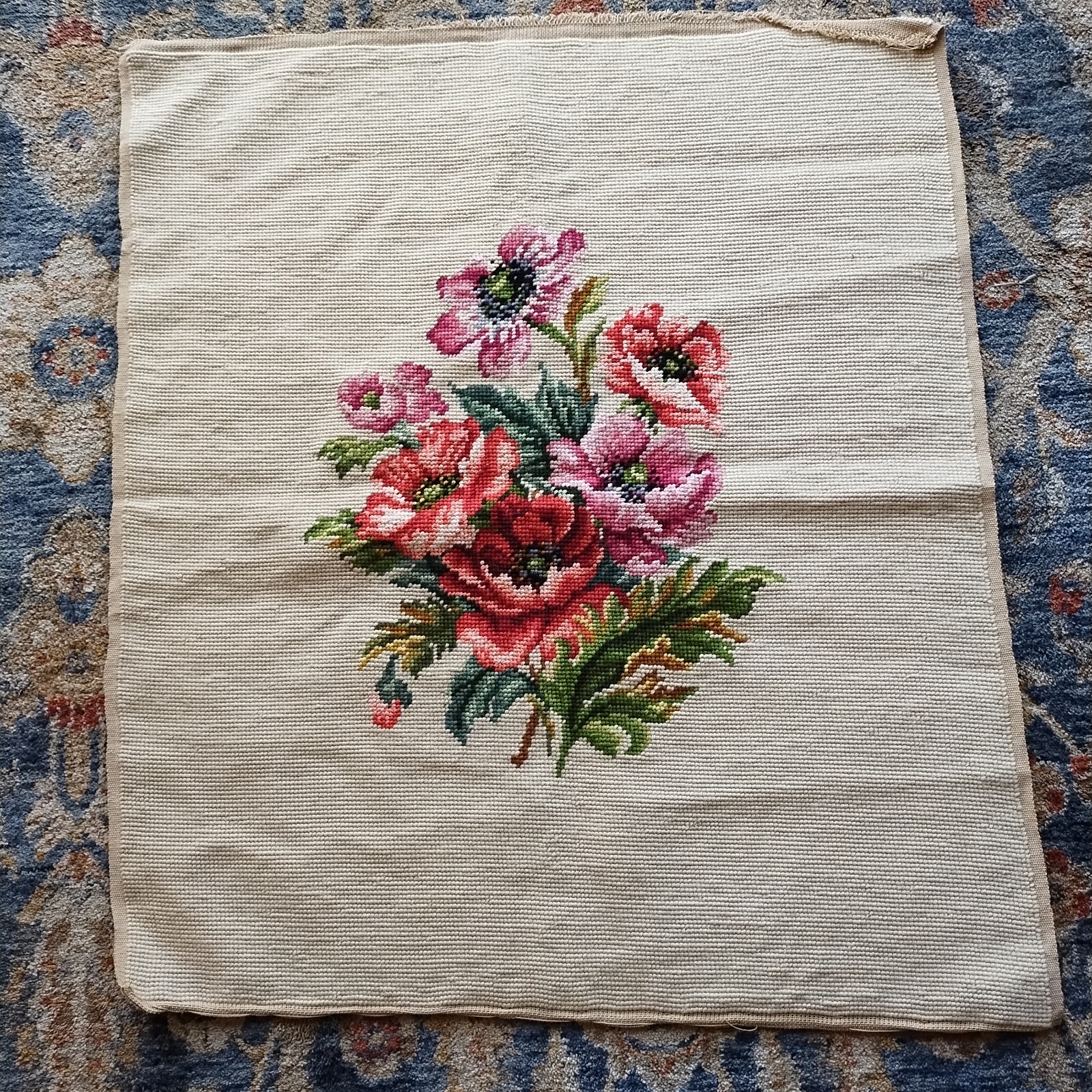VIntage Finished Needlepoint Pretty FLoral Design