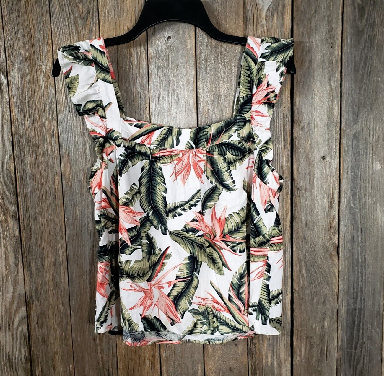 Tropical Linen Ruffle Flutter Sleeve Blouse in White Green Coral Palm-image