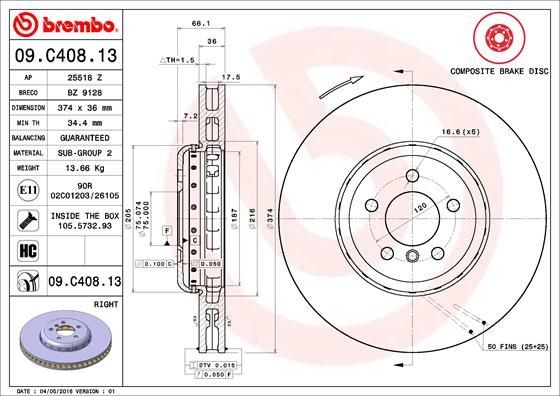Bremsscheibe Vorne Rechts Brembo 09C40813 FÜR BMW Bremsscheiben Scheibenbremse-image